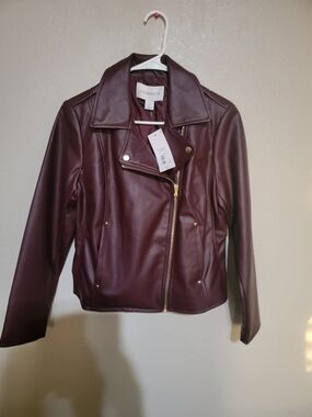 Liz Claiborne Wine Faux Leather Moto Jacket with Gold Hardware